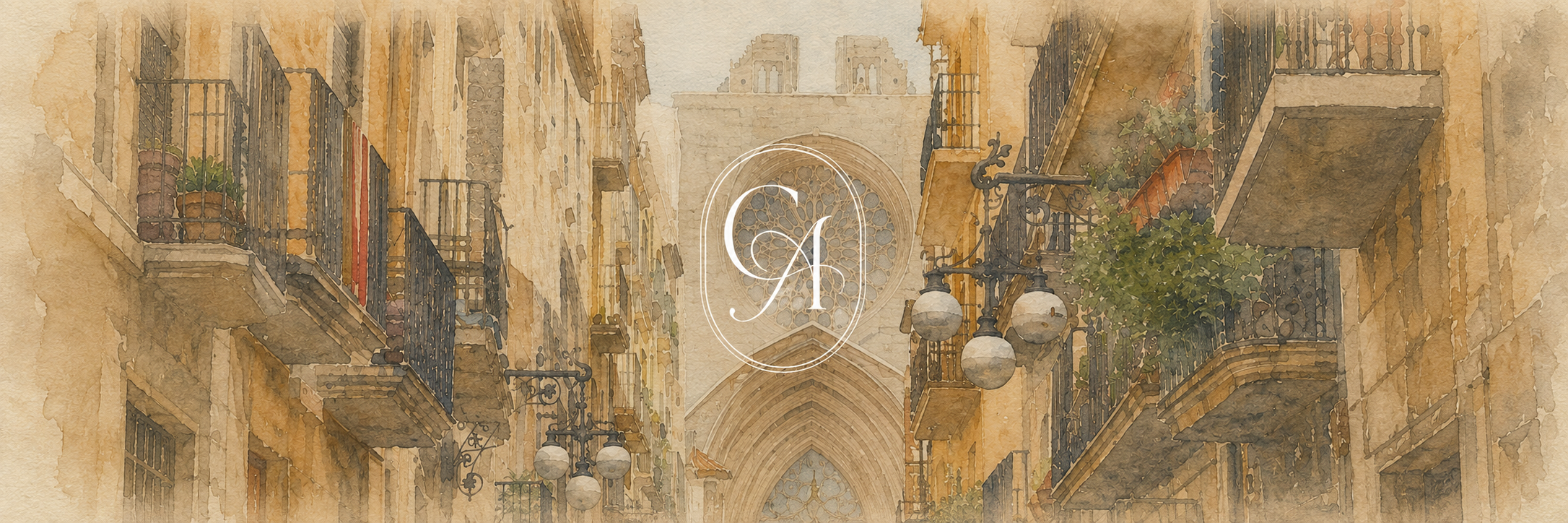 C & A monogram over a watercolor of Tarragona
